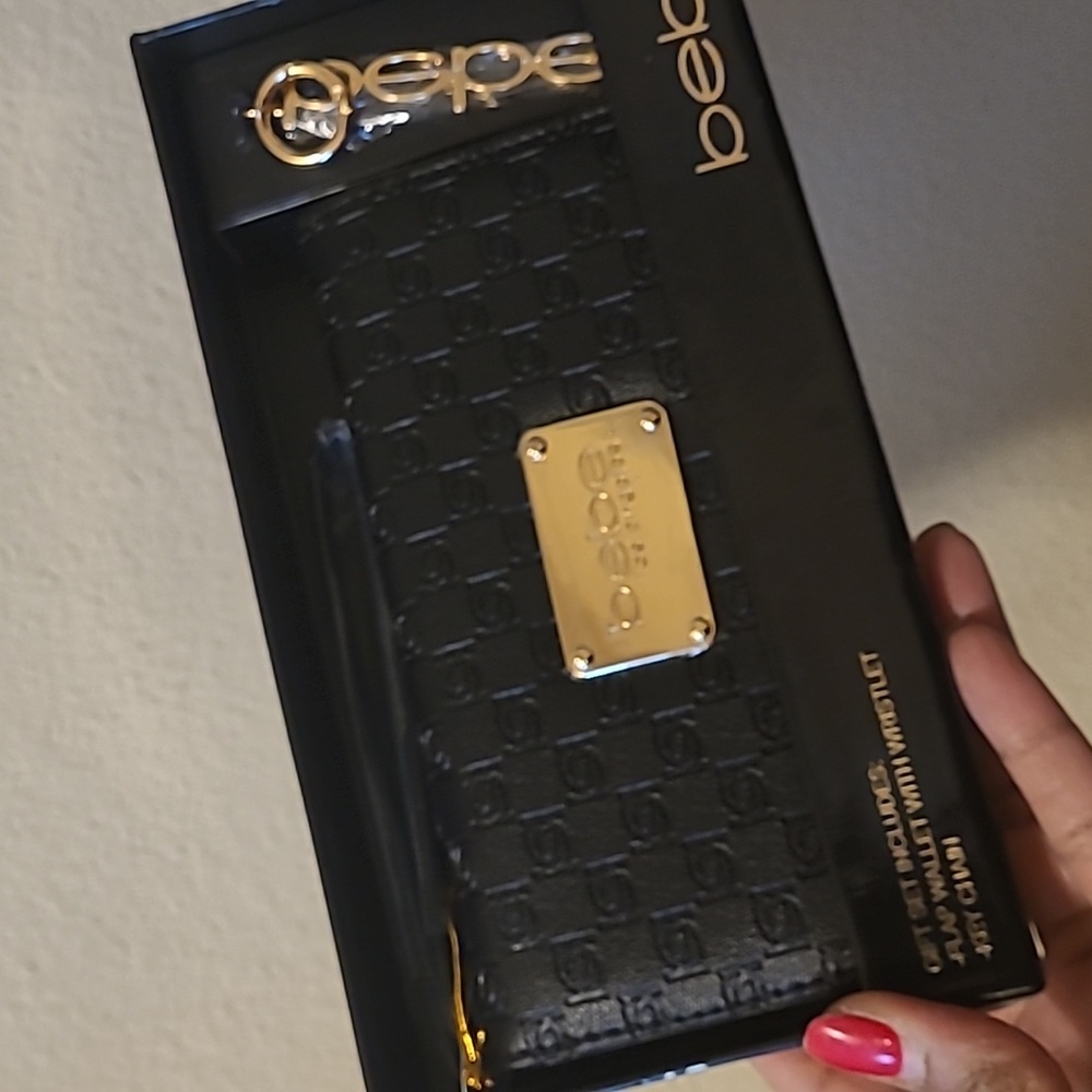Bebe Black Embossed Wallet with Gold Accents